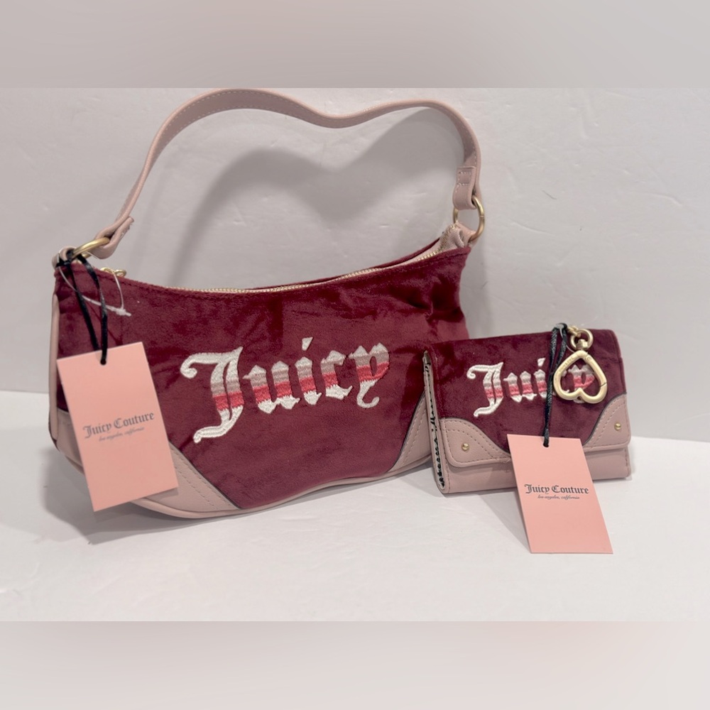 Juicy Couture Retro Vibe Velour Shoulder Bag With Matching Double Trifold Wallet